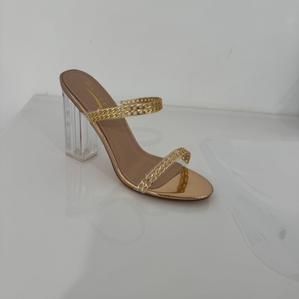 Glaze Element-2 Rose Gold Chain Strap Clear Heel Sandals Women’s Size 7 NWB - Picture 3 of 3